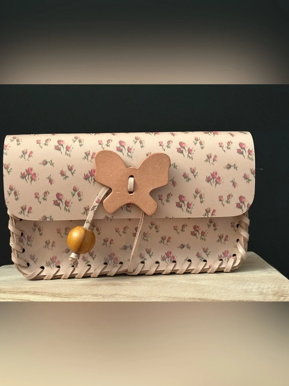Anna Sui Pink Rosebud Butterfly Leather Clutch